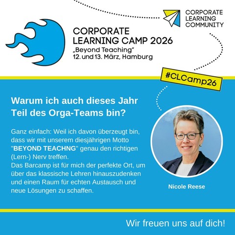 Corporate #Learning Camp 2026 mit Logo und Barcamp Flamme in blau 

Warum ich auch diese Jahr Teil des Orga Team bin?