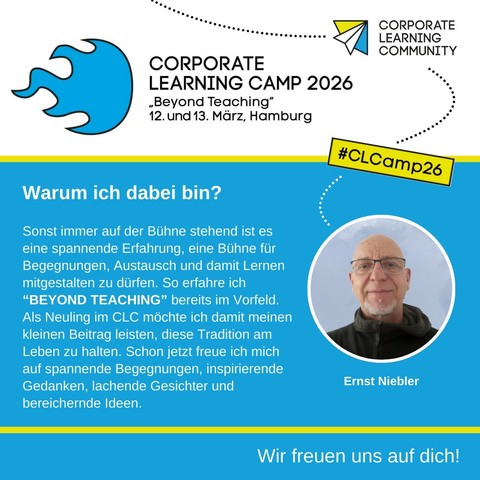 Logo clc in Farben gelb weiß Blau oben rechts als Flieger angedeutet 

Barcamp Flammwn Logo Blau

Foto vom Ernst und Text zur Frage 

Warum ich dabei bin?

