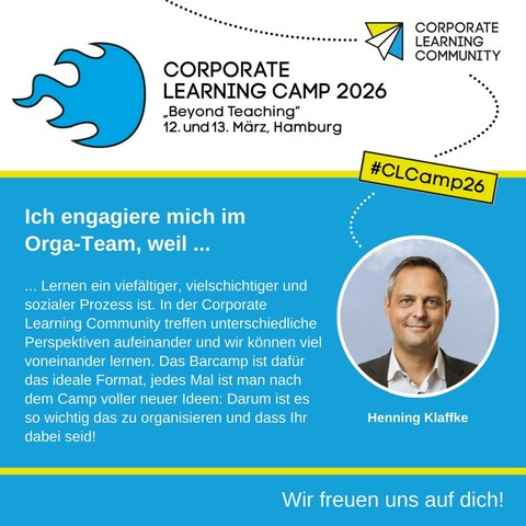 Logo blau Flanme vom Barcamp 
Andere Seite clc Logo in balu weiß gelb